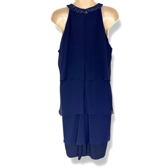 CHAPS New $120.00 Navy Blue Tiered Chiffon Embellished Dress Evening Wedding NWT - Picture 3 of 8